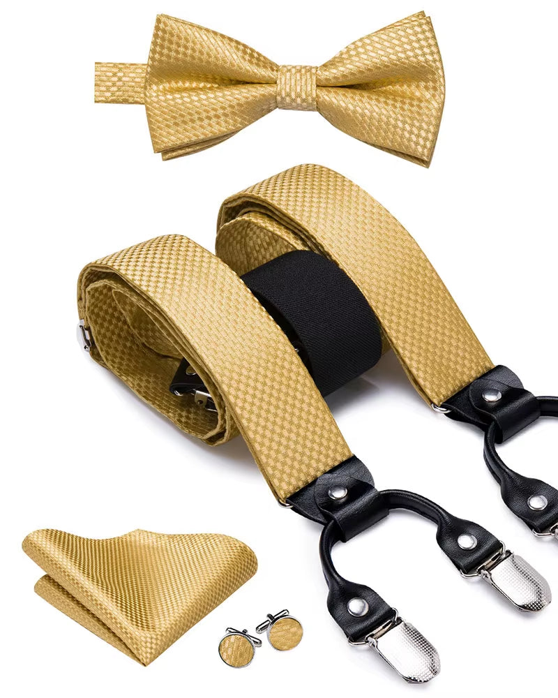 Hi-Tie Vintage Silk Men'S Suspender Set Fashion Gold Floral Suspender and Bow Tie Set Leather Metal 6 Clips Suspender Braces