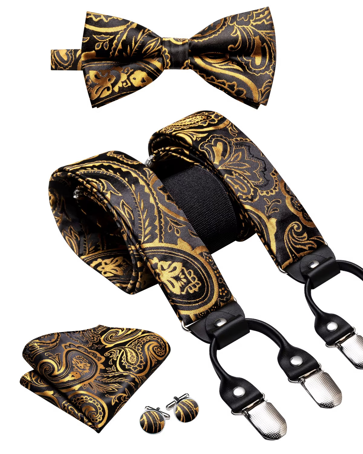 Hi-Tie Vintage Silk Men'S Suspender Set Fashion Gold Floral Suspender and Bow Tie Set Leather Metal 6 Clips Suspender Braces