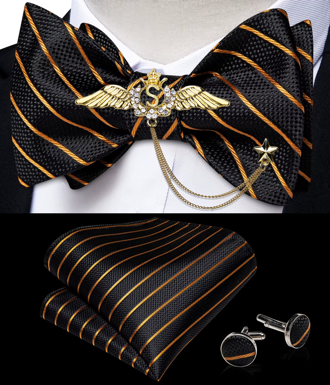 New Arrival Bow Ties for Men Silk Bowties Cufflinks Handkerchief Set for Party Wedding Suit Accessories Man Tie Golden Brooch