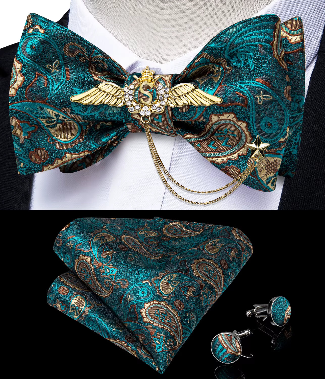 New Arrival Bow Ties for Men Silk Bowties Cufflinks Handkerchief Set for Party Wedding Suit Accessories Man Tie Golden Brooch