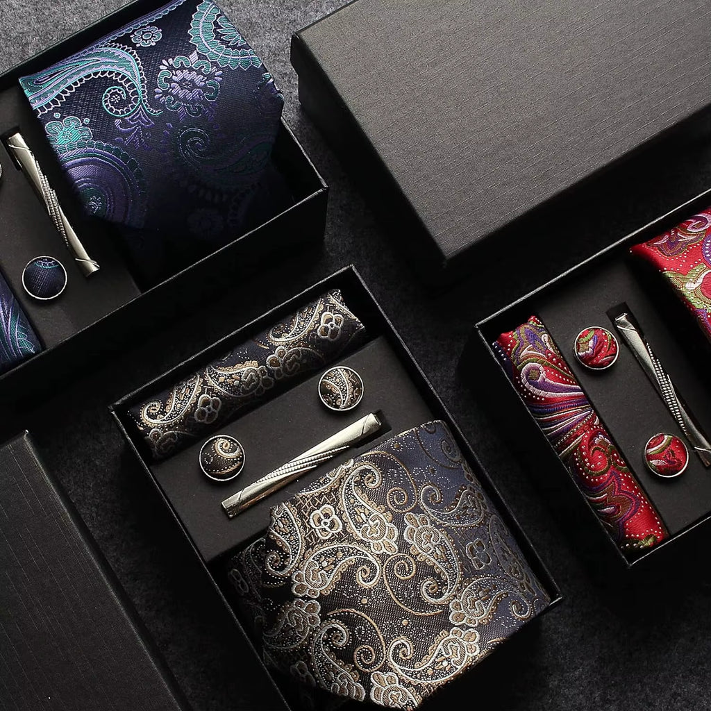 100% Silk Necktie Paisley Floral Mens Tie Top Quality Business Tie Pocket Square Tie Clip Cufflinks Set Classic for Men Gift Box