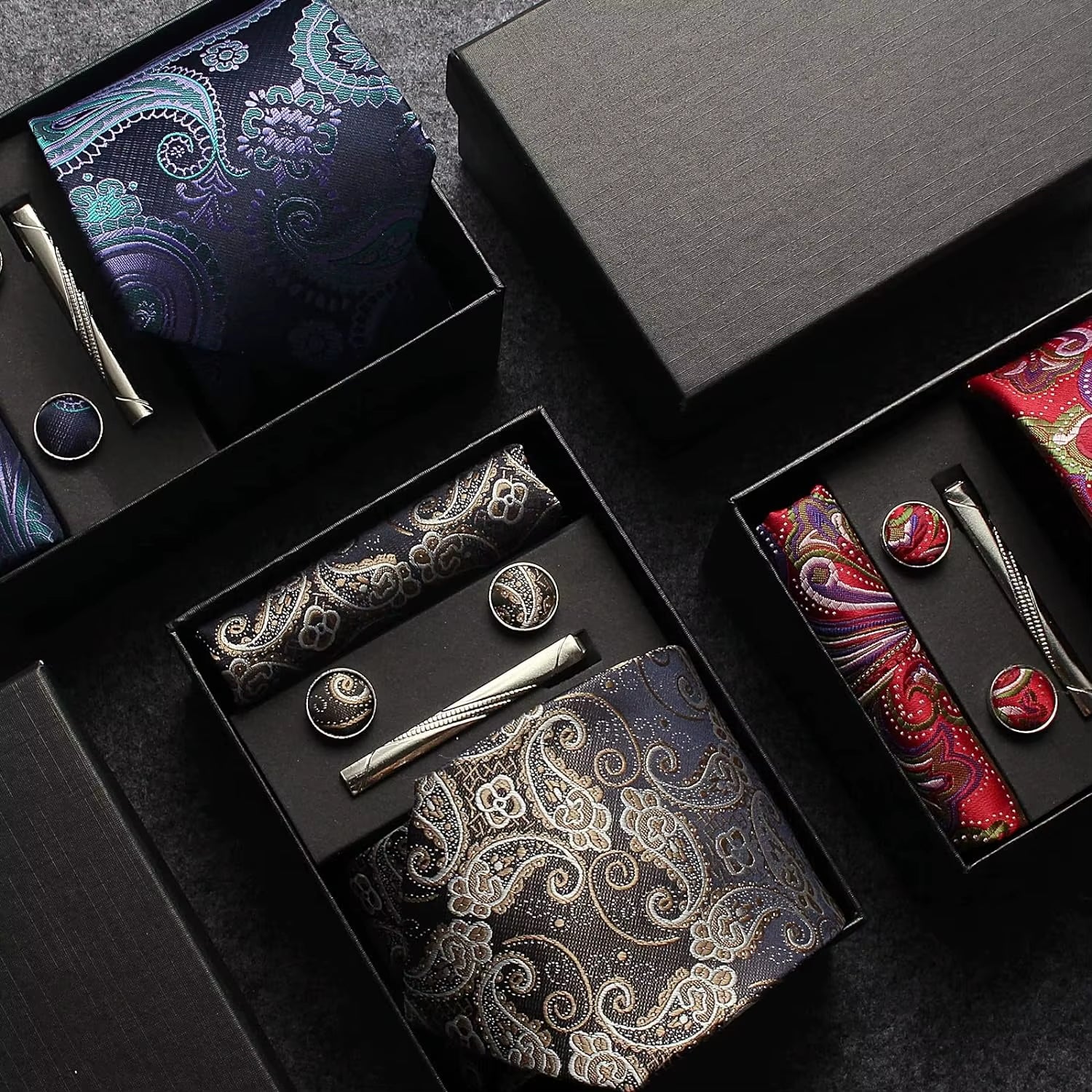 100% Silk Necktie Paisley Floral Mens Tie Top Quality Business Tie Pocket Square Tie Clip Cufflinks Set Classic for Men Gift Box
