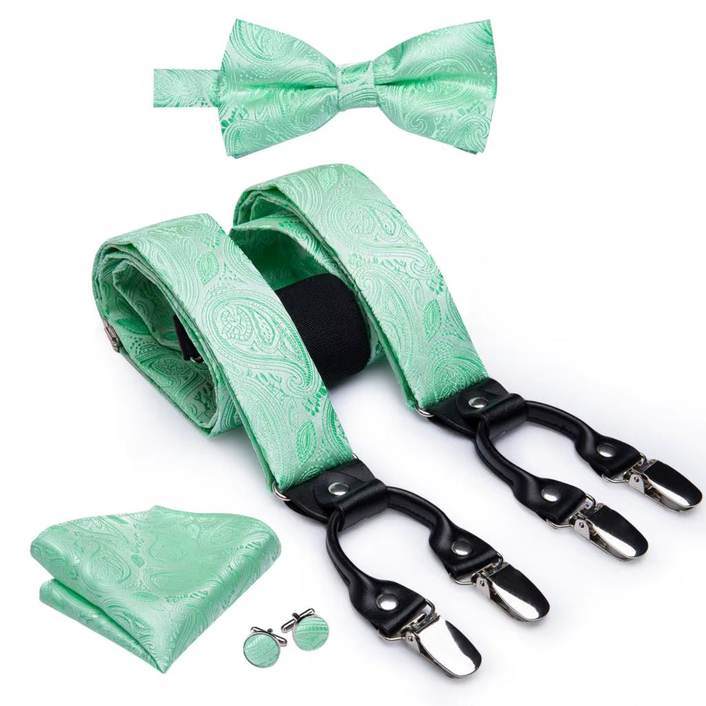 Hi-Tie Vintage Silk Men'S Suspender Set Fashion Gold Floral Suspender and Bow Tie Set Leather Metal 6 Clips Suspender Braces
