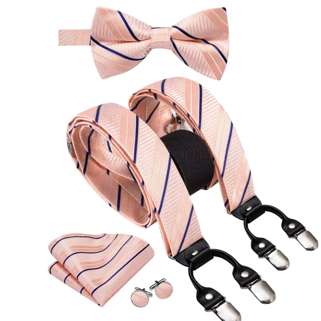 Hi-Tie Vintage Silk Men'S Suspender Set Fashion Gold Floral Suspender and Bow Tie Set Leather Metal 6 Clips Suspender Braces