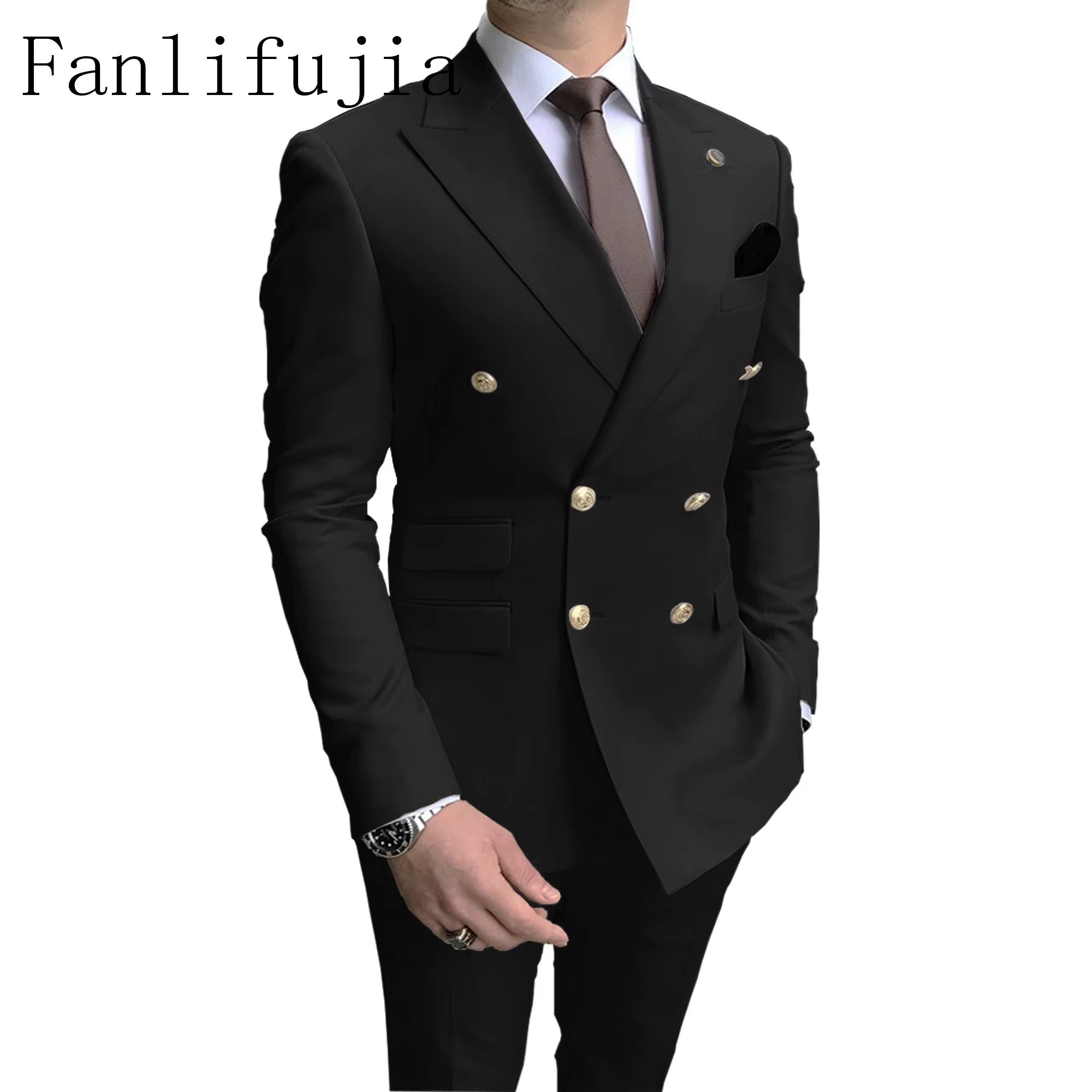 Store Navy Men Party Tuxedos 2 Pieces Latest Peak Lapel Men Suits Gold Buttons Fashion Style Suits Double Breasted