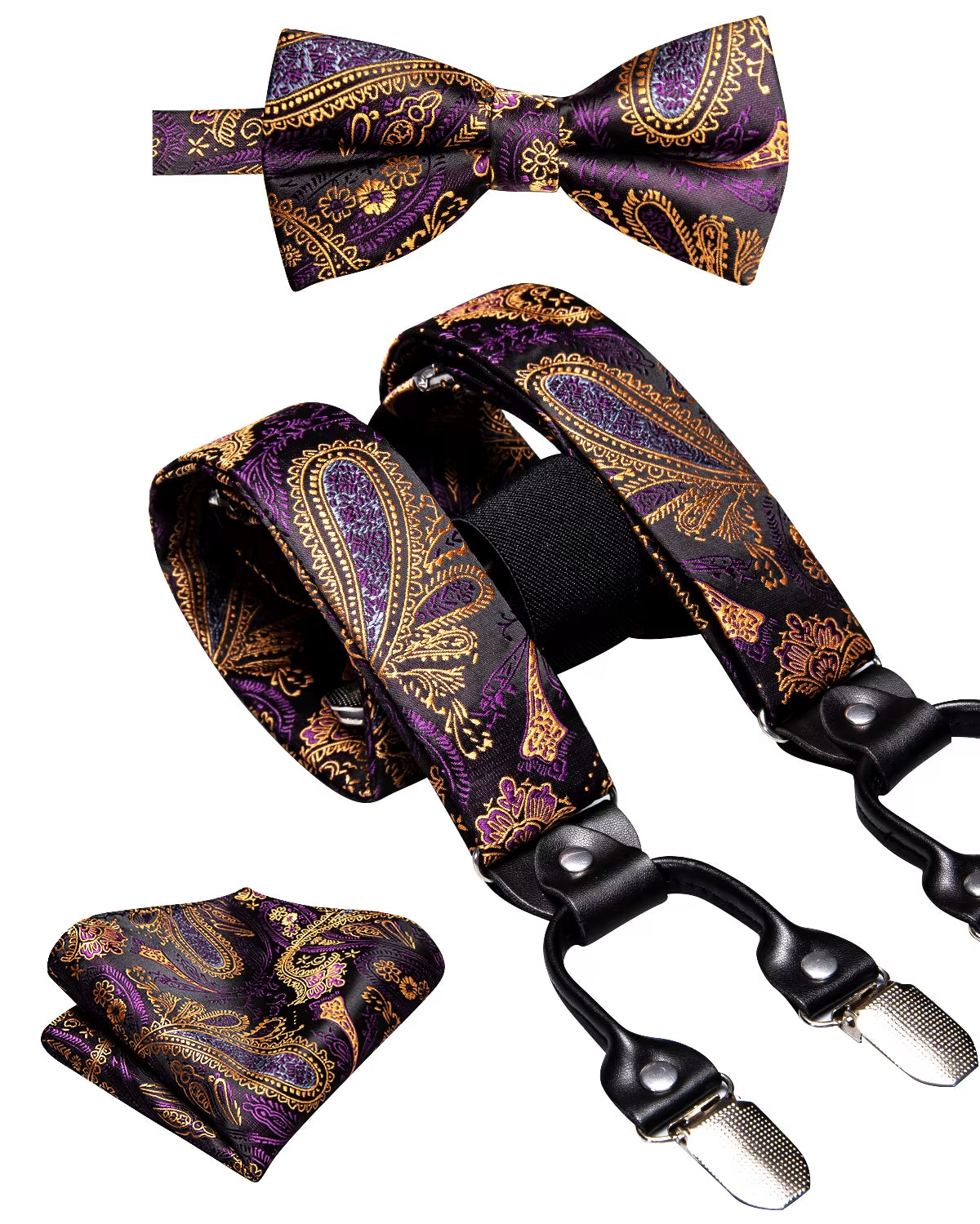 Hi-Tie Vintage Silk Men'S Suspender Set Fashion Gold Floral Suspender and Bow Tie Set Leather Metal 6 Clips Suspender Braces