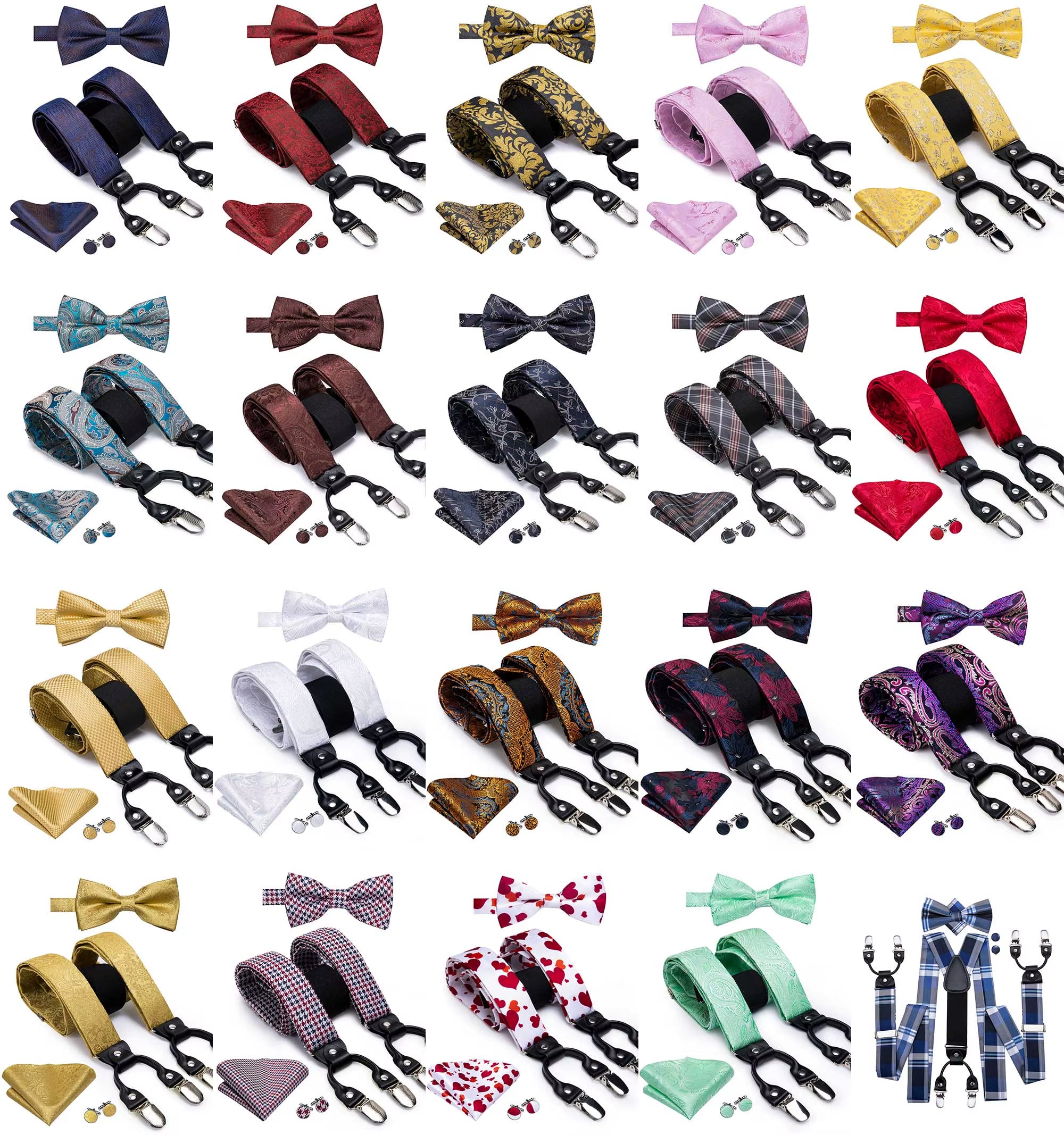 Hi-Tie Vintage Silk Men'S Suspender Set Fashion Gold Floral Suspender and Bow Tie Set Leather Metal 6 Clips Suspender Braces