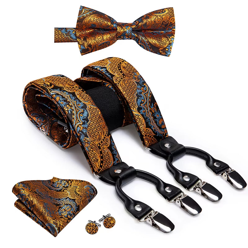 Hi-Tie Vintage Silk Men'S Suspender Set Fashion Gold Floral Suspender and Bow Tie Set Leather Metal 6 Clips Suspender Braces