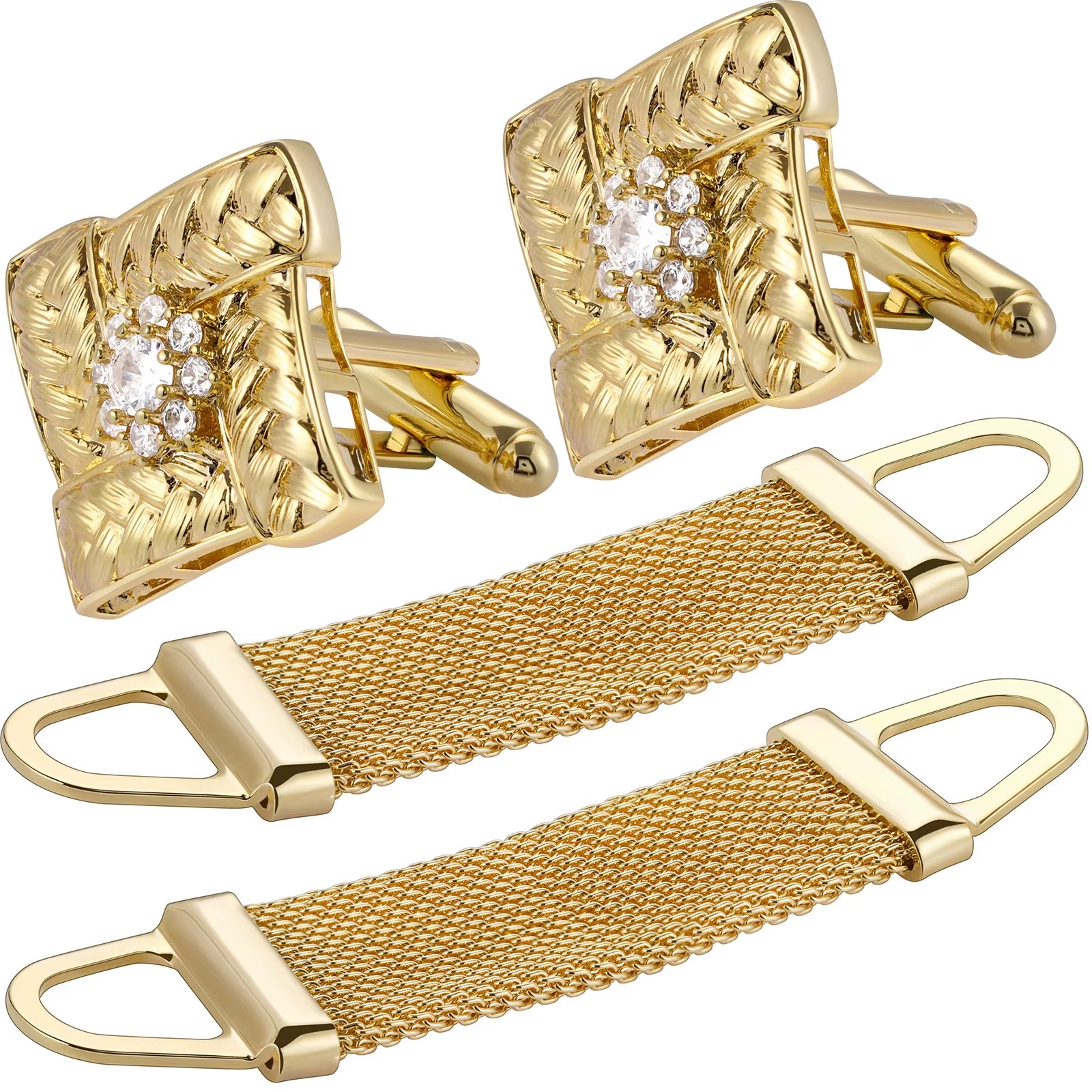 Square Zircon Cufflinks Set with Chain-Cuff Links Mens Shiny Luxurious French Shirt Ornament or Accessory - Party Favors for Men