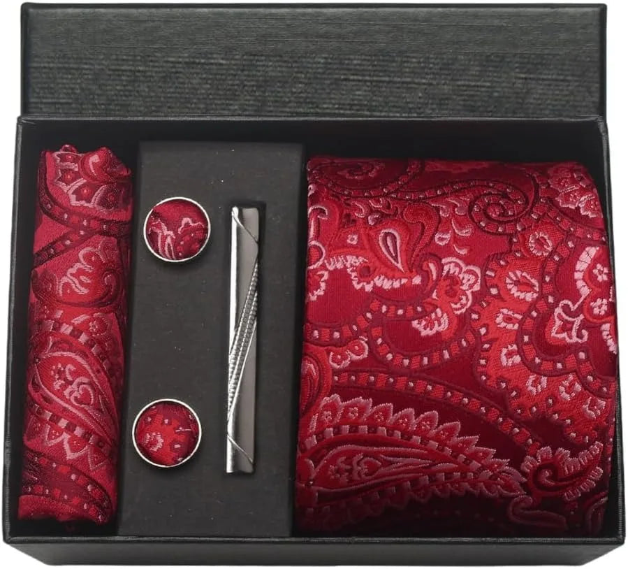 100% Silk Necktie Paisley Floral Mens Tie Top Quality Business Tie Pocket Square Tie Clip Cufflinks Set Classic for Men Gift Box
