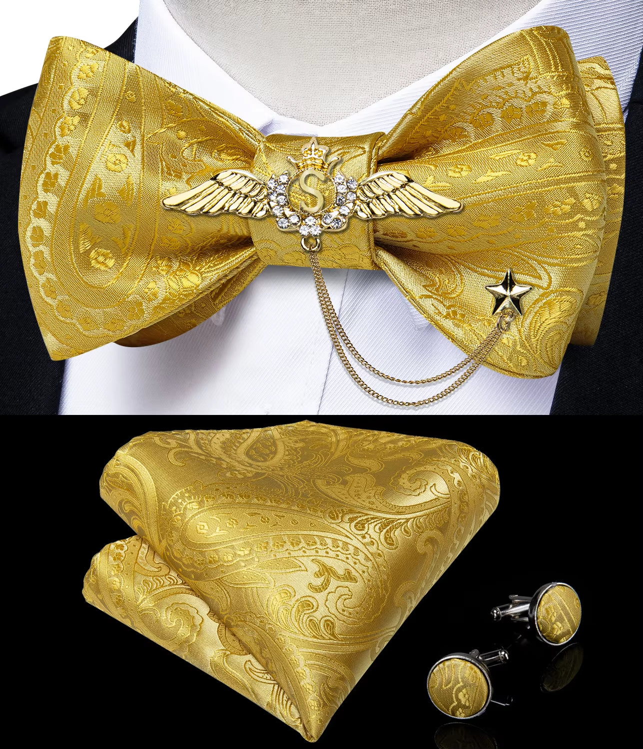 New Arrival Bow Ties for Men Silk Bowties Cufflinks Handkerchief Set for Party Wedding Suit Accessories Man Tie Golden Brooch
