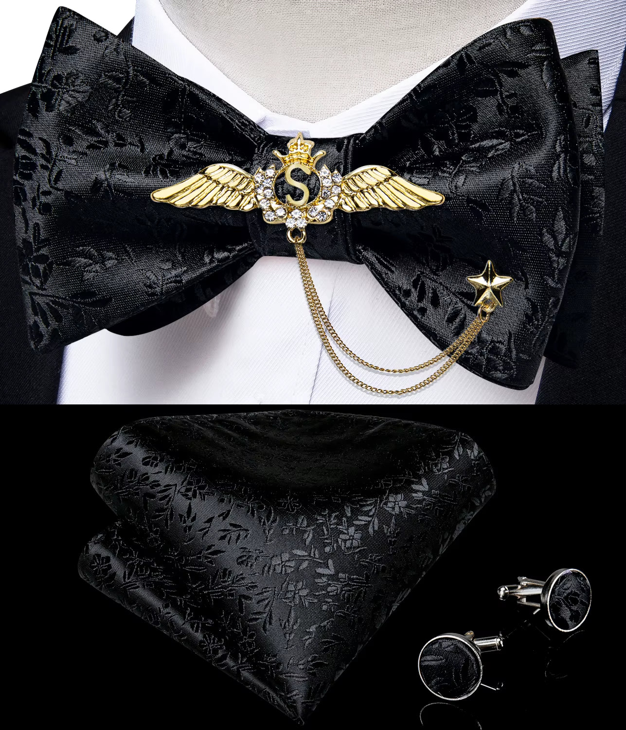 New Arrival Bow Ties for Men Silk Bowties Cufflinks Handkerchief Set for Party Wedding Suit Accessories Man Tie Golden Brooch