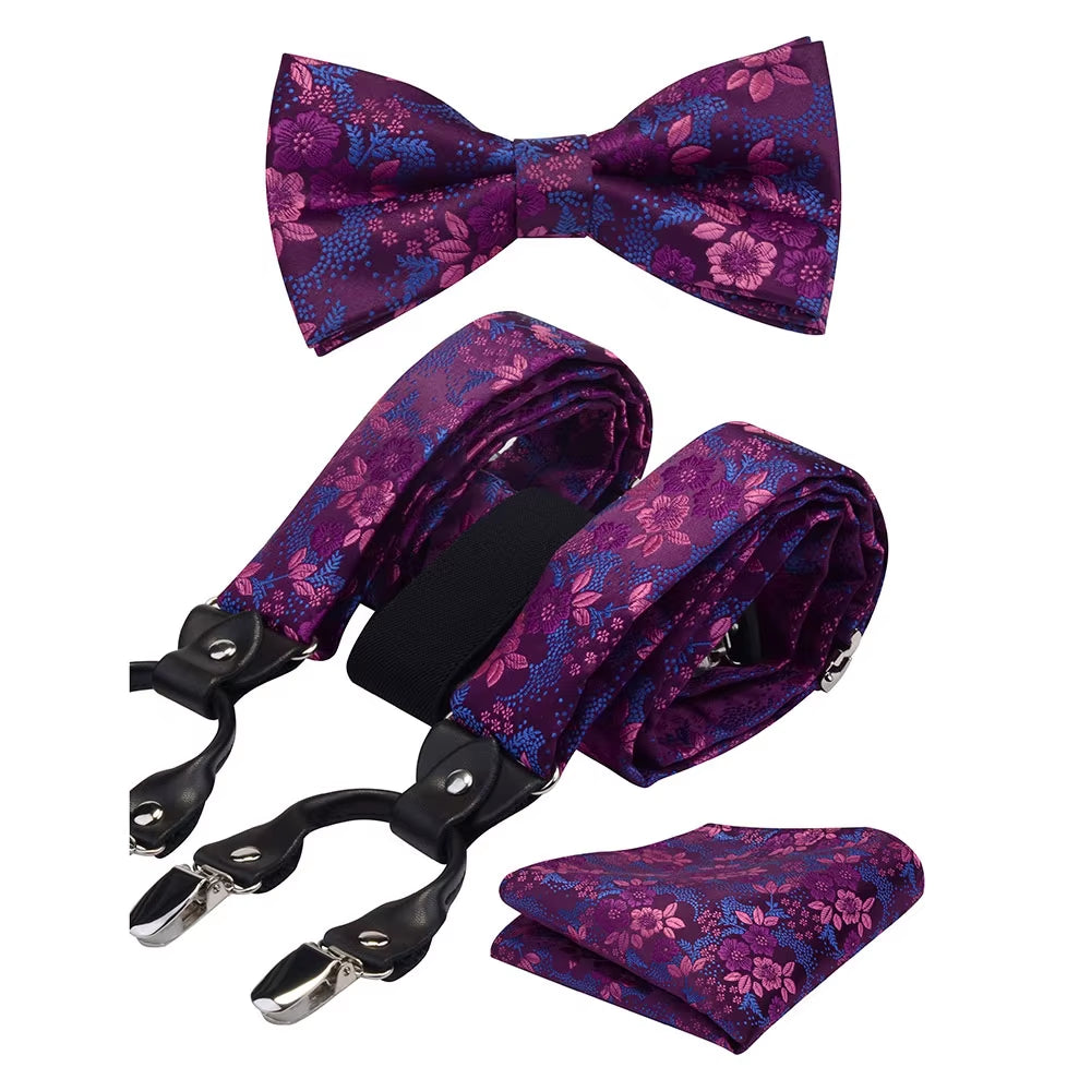Fashion Floral Suspenders Leather 6 Clip Braces Vintage Casual Suspensorio Bow Tie Hanky Set Strap Bretele Father/Husband'S Gift