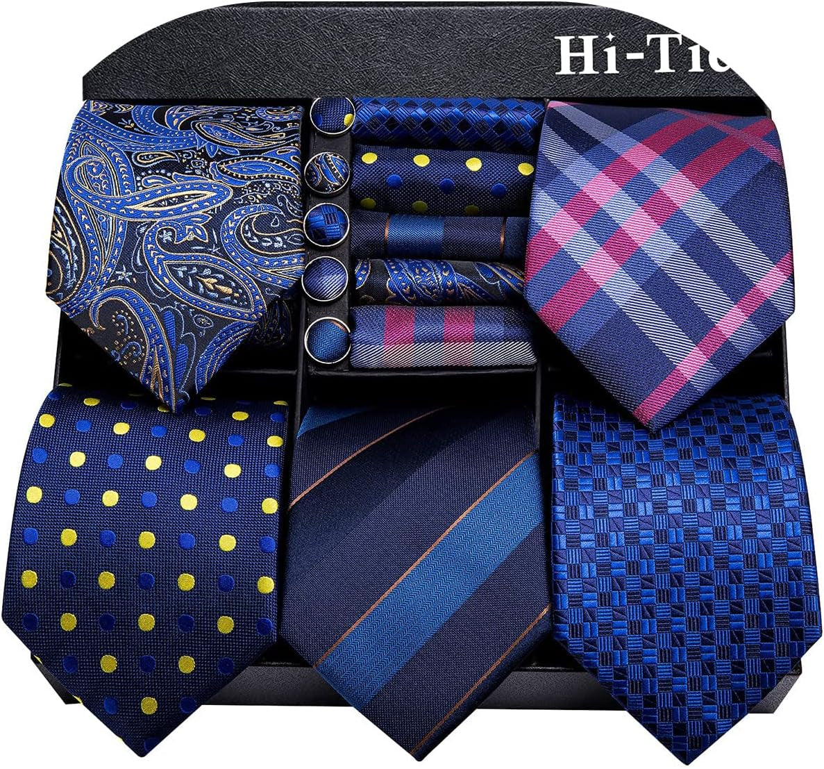 Lot 5 Pcs Gift Box Mens Tie Set Necktie with Pocket Square Cufflinks Silk Neck Tie Collection
