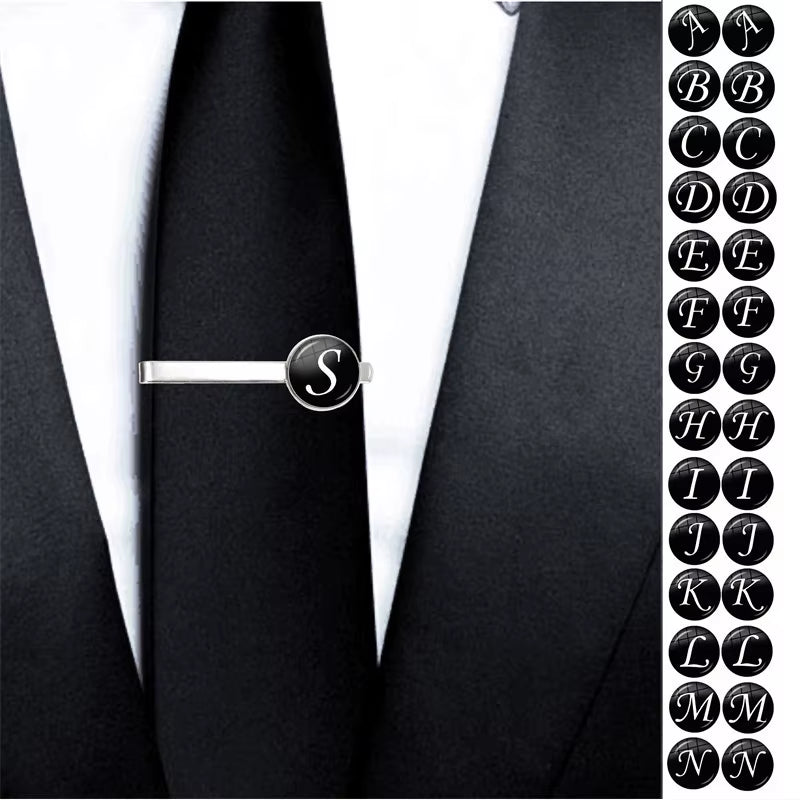 Fashion 26 Alphabet Letters Glass Cabochon Tie Clips Personality Name Letters Jewelry Men Necktie Clip Pin Suit Accessories Gift