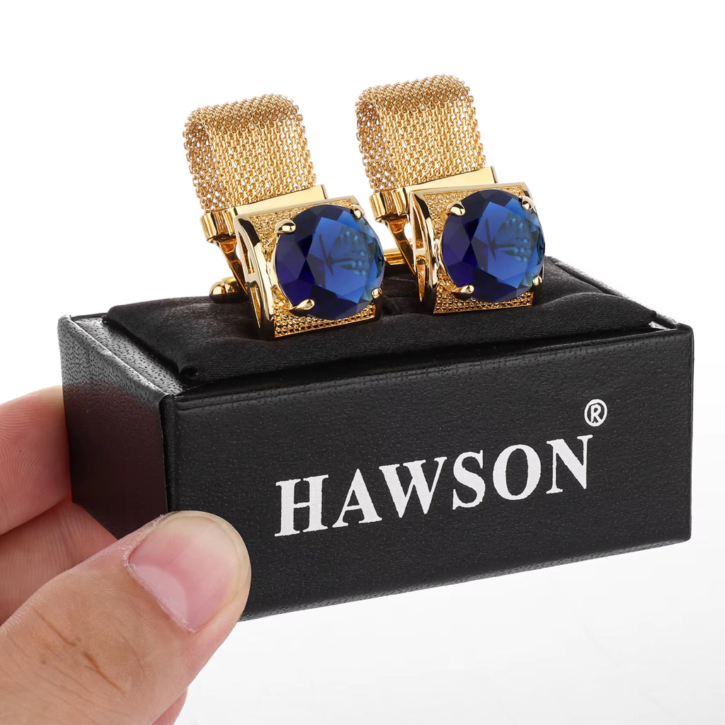 Gold Tone Crystal Cufflinks for Men with Chain Shiny Luxury Cuff Wedding Party Dress Shirt Accessories Gift