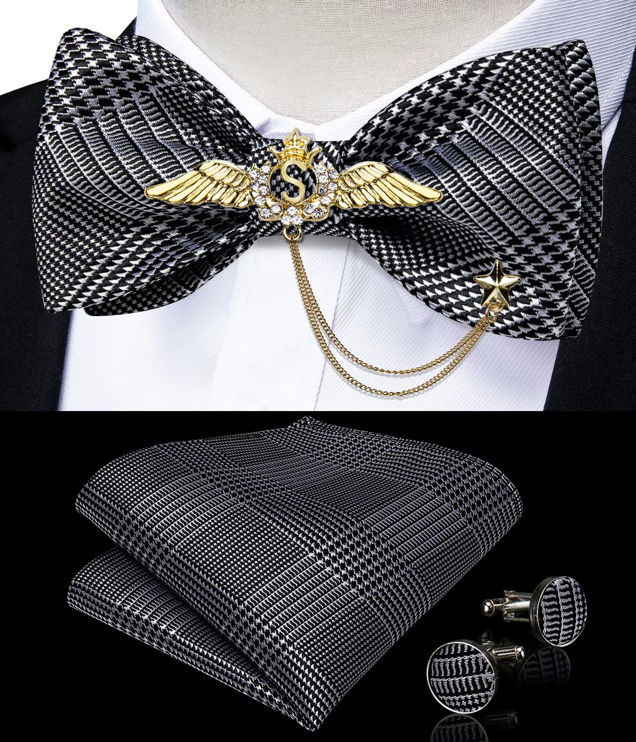 New Arrival Bow Ties for Men Silk Bowties Cufflinks Handkerchief Set for Party Wedding Suit Accessories Man Tie Golden Brooch