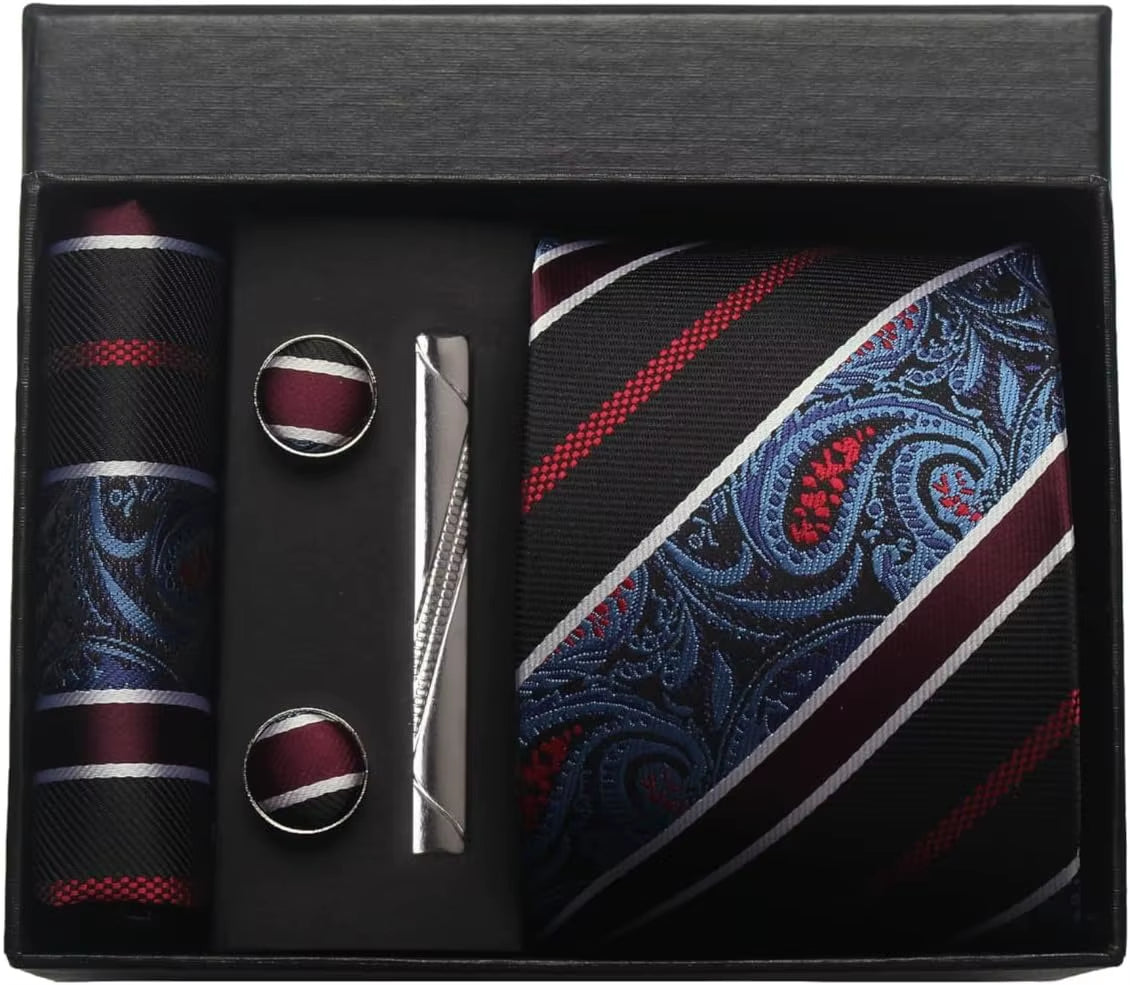 100% Silk Necktie Paisley Floral Mens Tie Top Quality Business Tie Pocket Square Tie Clip Cufflinks Set Classic for Men Gift Box