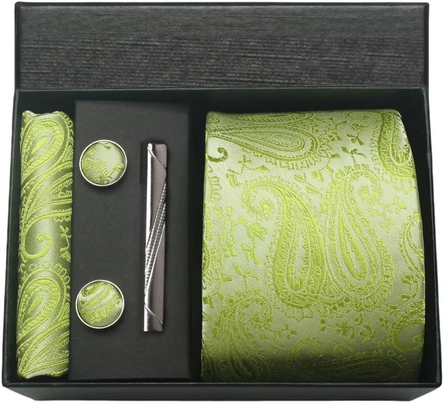 100% Silk Necktie Paisley Floral Mens Tie Top Quality Business Tie Pocket Square Tie Clip Cufflinks Set Classic for Men Gift Box