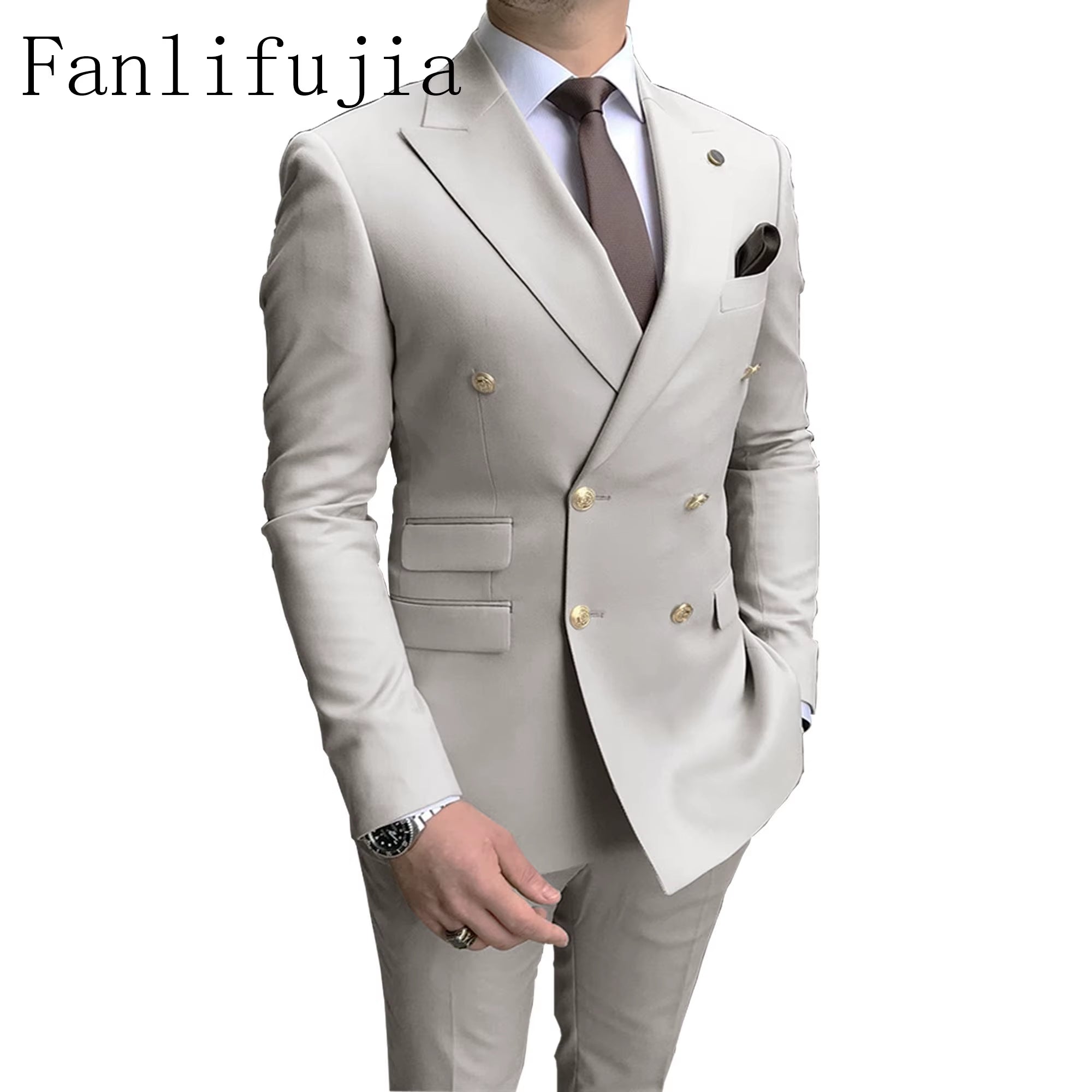 Store Navy Men Party Tuxedos 2 Pieces Latest Peak Lapel Men Suits Gold Buttons Fashion Style Suits Double Breasted