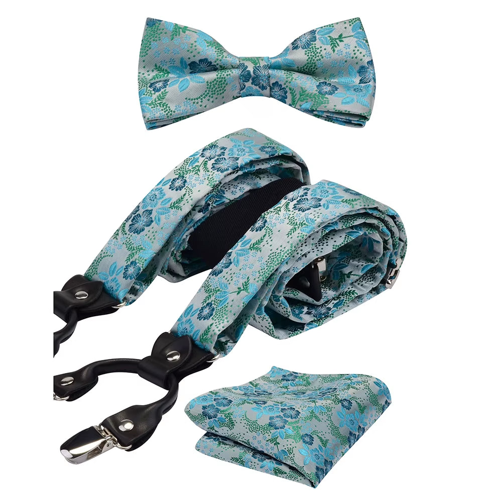 Fashion Floral Suspenders Leather 6 Clip Braces Vintage Casual Suspensorio Bow Tie Hanky Set Strap Bretele Father/Husband'S Gift