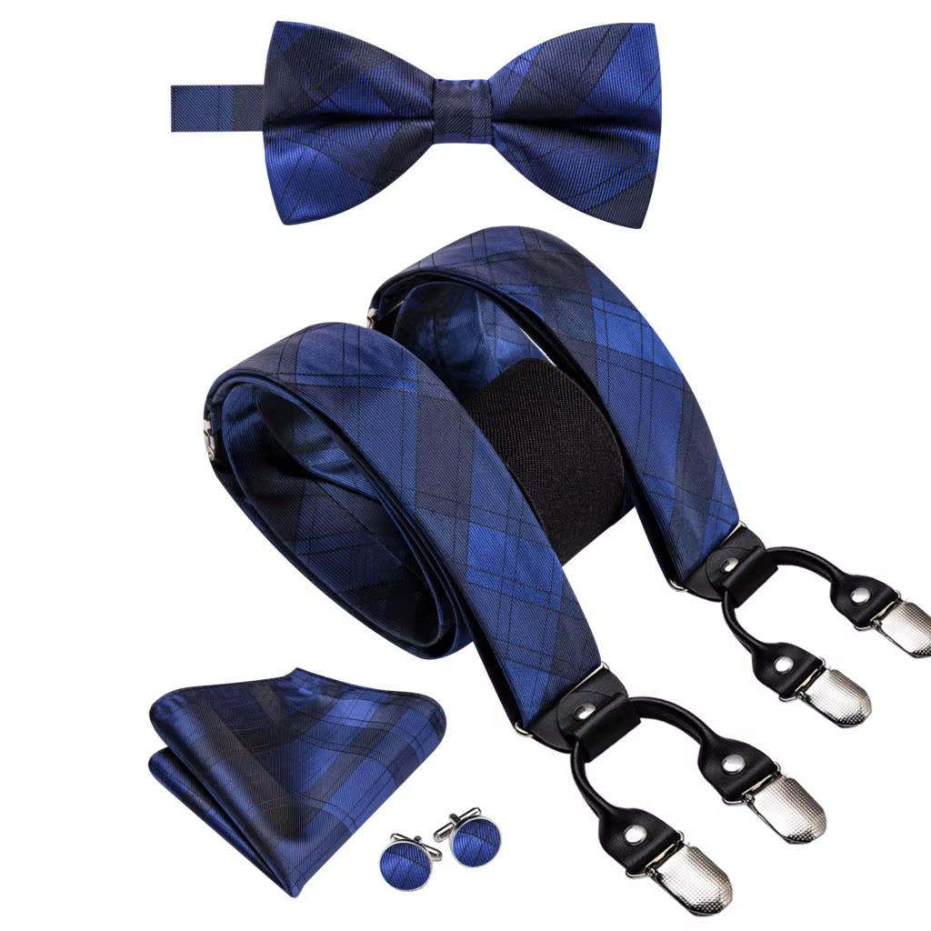 Hi-Tie Vintage Silk Men'S Suspender Set Fashion Gold Floral Suspender and Bow Tie Set Leather Metal 6 Clips Suspender Braces