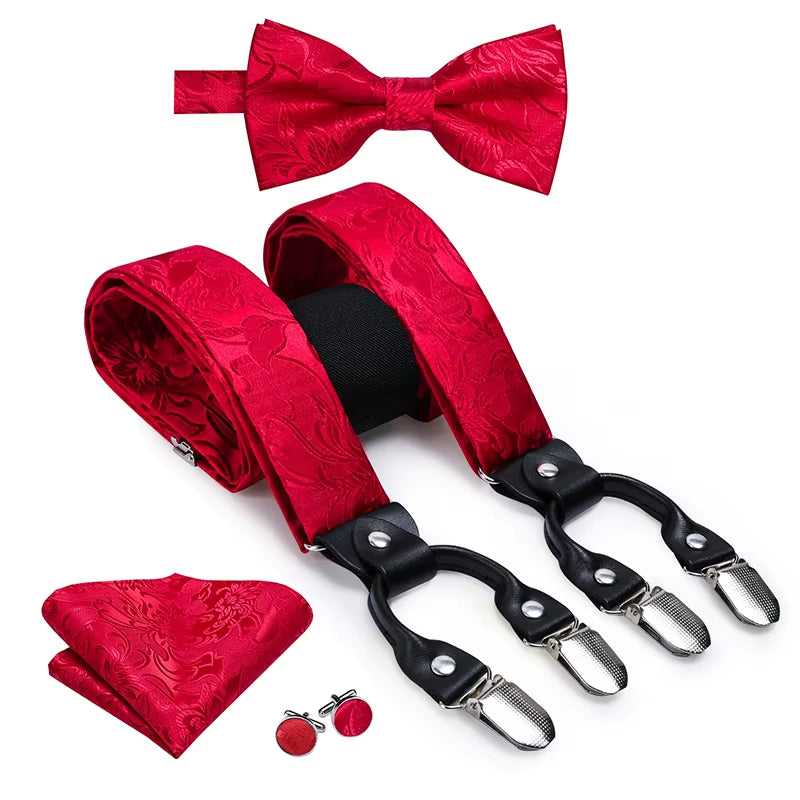 Hi-Tie Vintage Silk Men'S Suspender Set Fashion Gold Floral Suspender and Bow Tie Set Leather Metal 6 Clips Suspender Braces