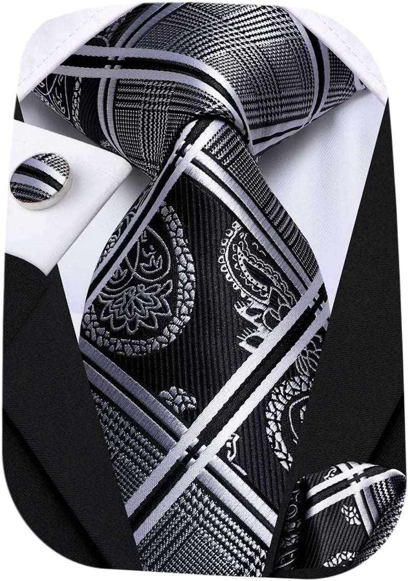 Mens Plaid Ties Classic Paisley Necktie with Handkerchief Cufflinks Set Business Stripe Tie