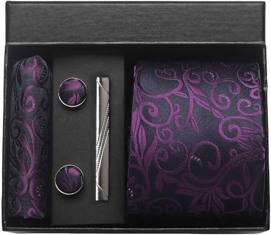 100% Silk Necktie Paisley Floral Mens Tie Top Quality Business Tie Pocket Square Tie Clip Cufflinks Set Classic for Men Gift Box