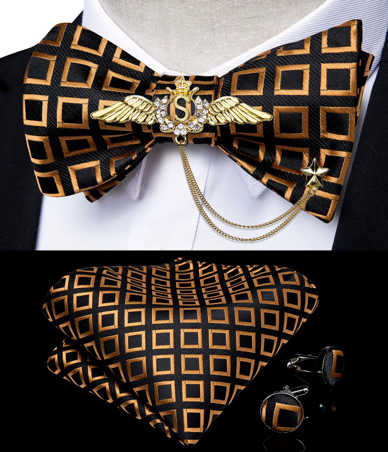 New Arrival Bow Ties for Men Silk Bowties Cufflinks Handkerchief Set for Party Wedding Suit Accessories Man Tie Golden Brooch