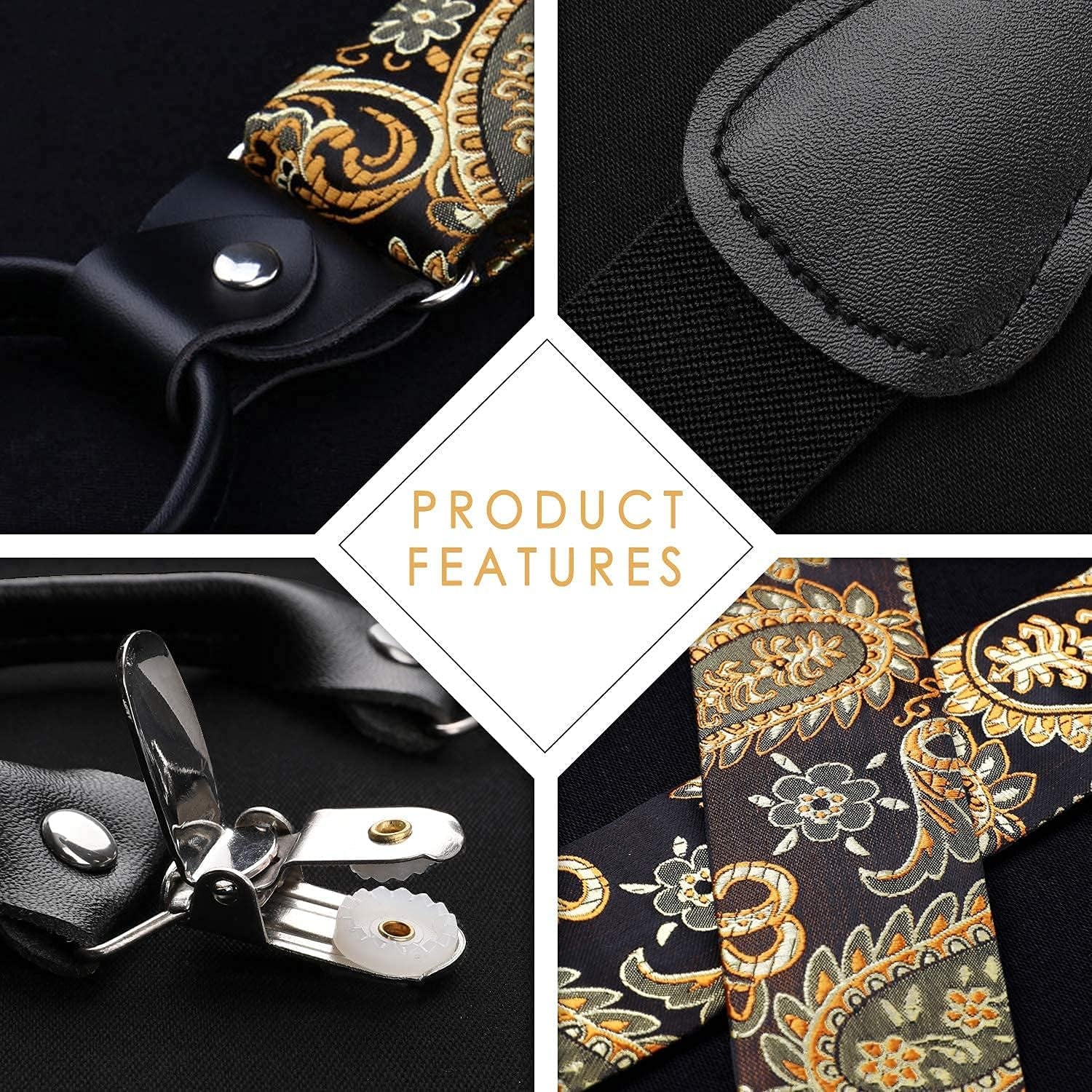 Suspenders for Men Paisley Floral Self Tied Bow Tie and Suspender Pocket Square Sets Adjustable Wedding Braces