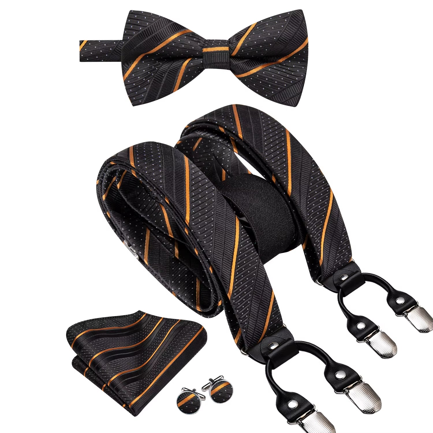 Hi-Tie Vintage Silk Men'S Suspender Set Fashion Gold Floral Suspender and Bow Tie Set Leather Metal 6 Clips Suspender Braces