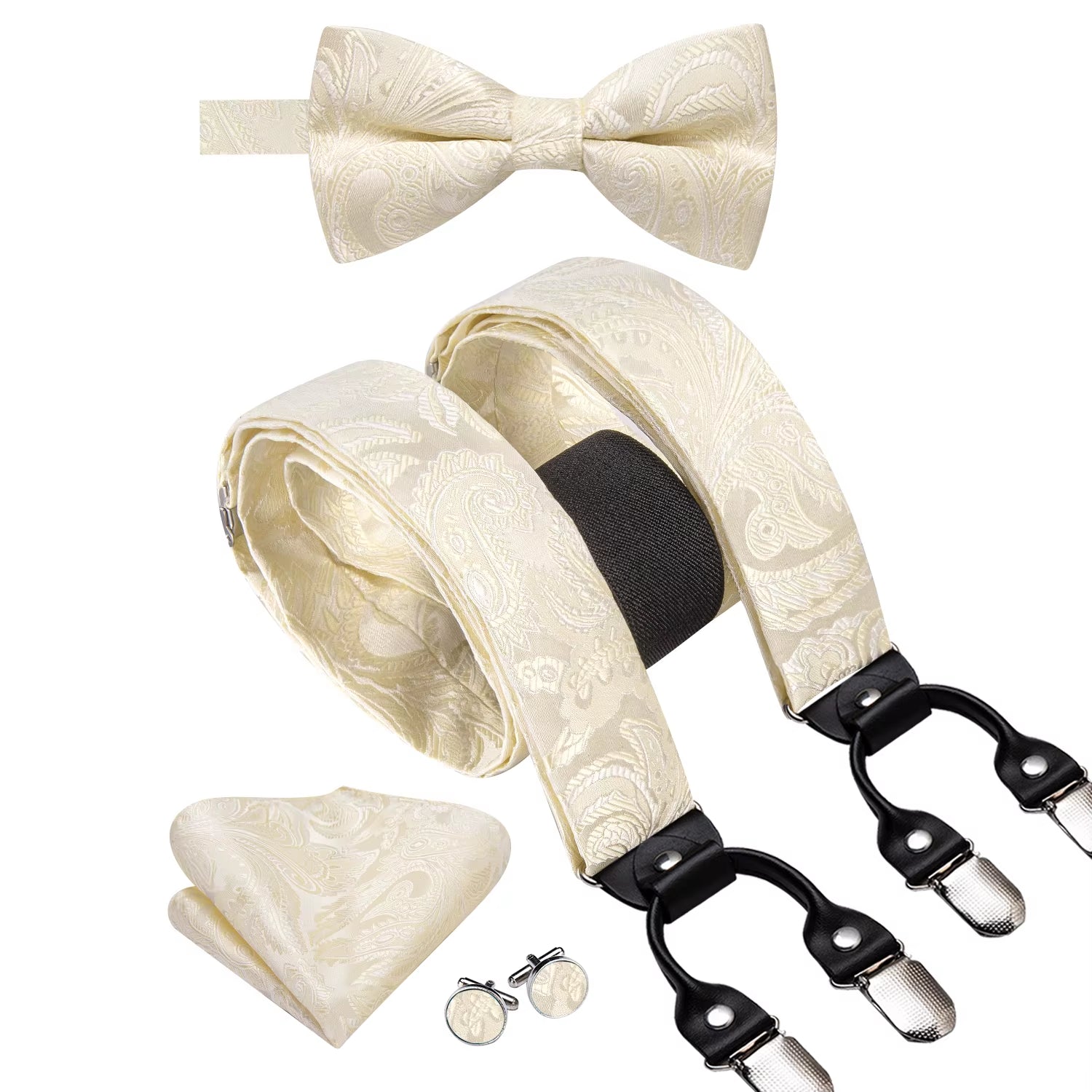 Hi-Tie Vintage Silk Men'S Suspender Set Fashion Gold Floral Suspender and Bow Tie Set Leather Metal 6 Clips Suspender Braces