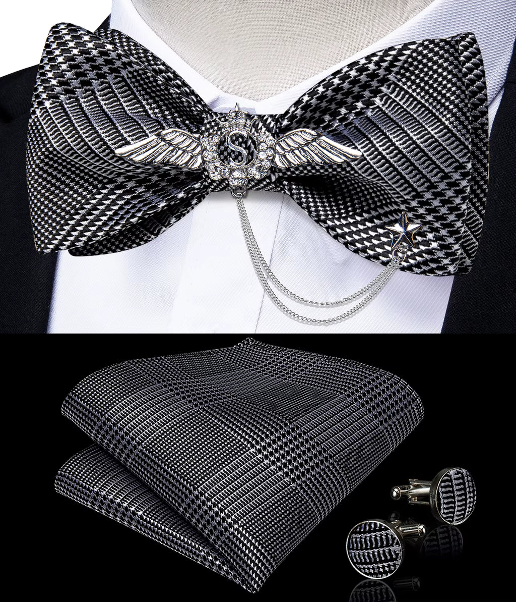 New Arrival Bow Ties for Men Silk Bowties Cufflinks Handkerchief Set for Party Wedding Suit Accessories Man Tie Golden Brooch
