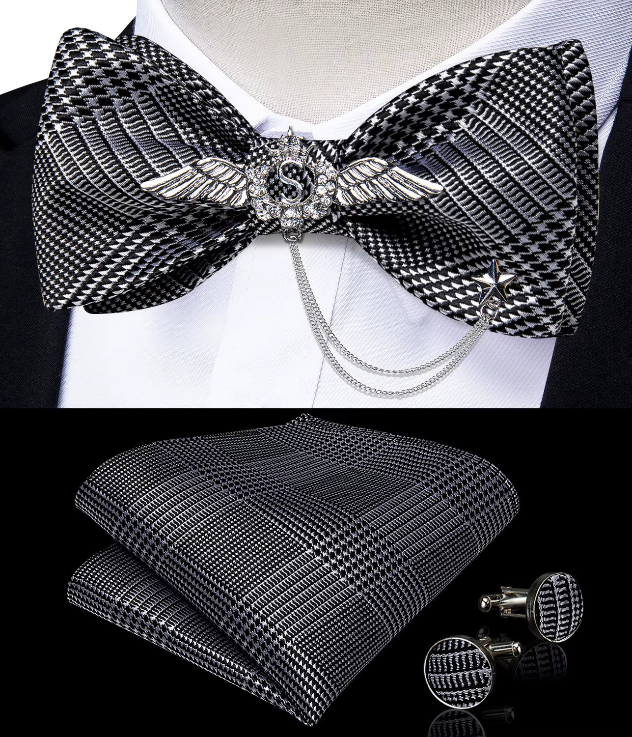 New Arrival Bow Ties for Men Silk Bowties Cufflinks Handkerchief Set for Party Wedding Suit Accessories Man Tie Golden Brooch