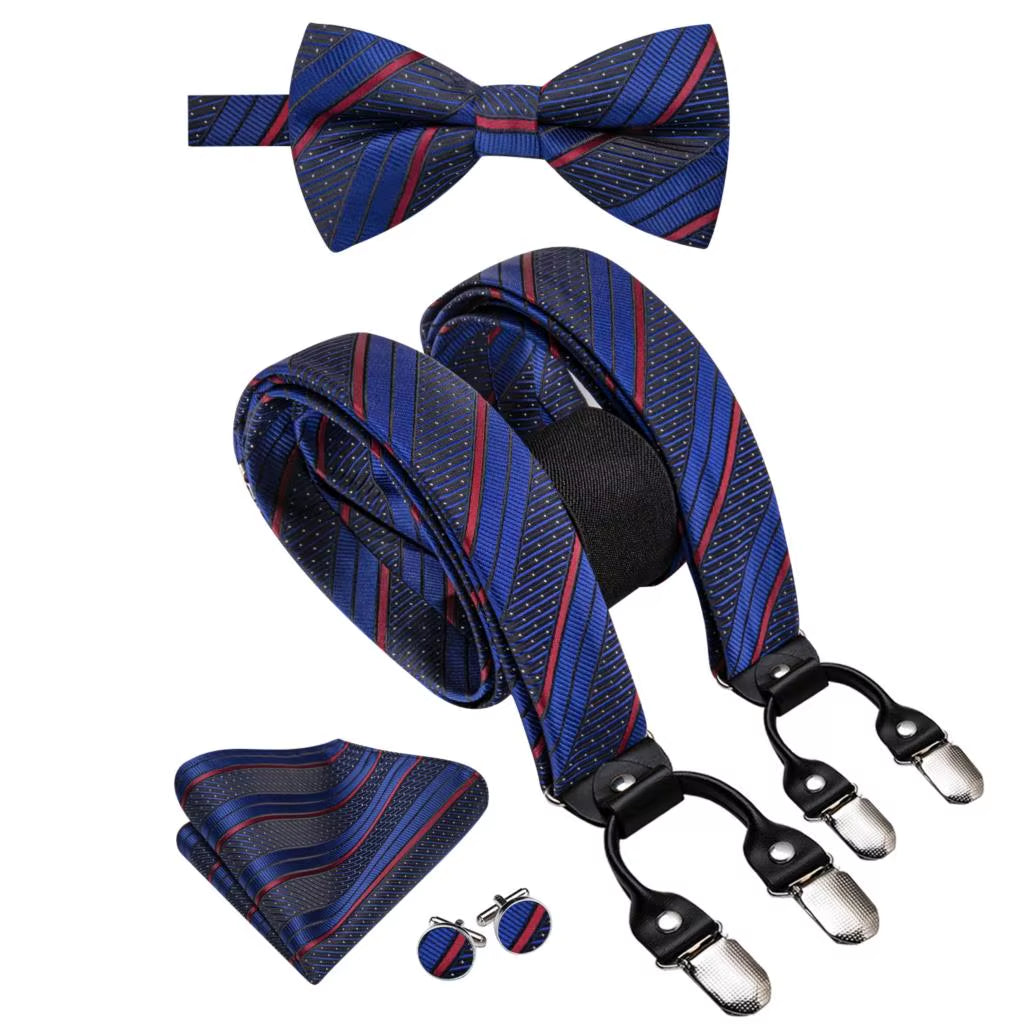 Hi-Tie Vintage Silk Men'S Suspender Set Fashion Gold Floral Suspender and Bow Tie Set Leather Metal 6 Clips Suspender Braces