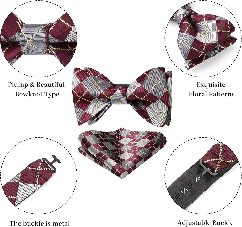 Bow Ties for Men Check Plaid Self Tie Bow Tie and Pocket Square Bowtie Formal Tuxedo Wedding Bowties Handkerchief Set