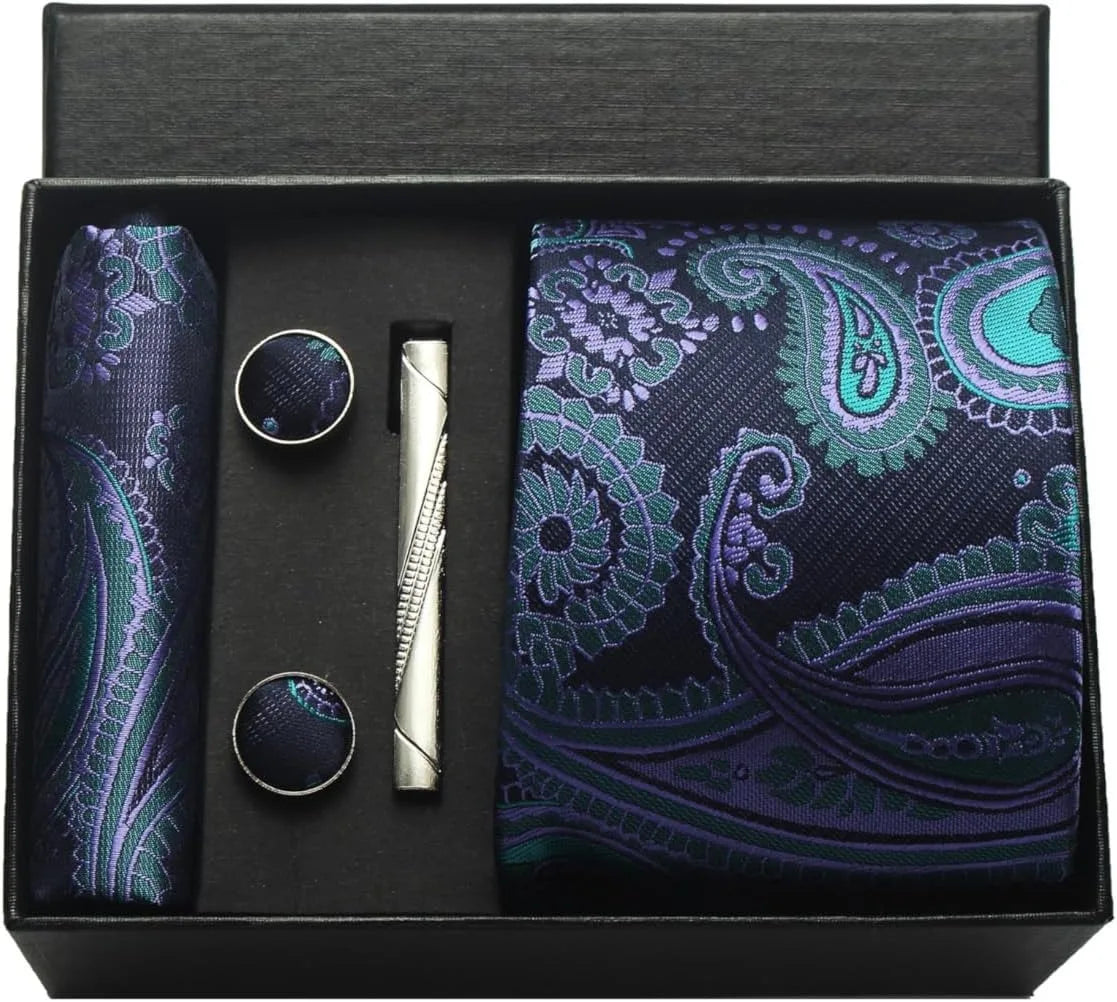 100% Silk Necktie Paisley Floral Mens Tie Top Quality Business Tie Pocket Square Tie Clip Cufflinks Set Classic for Men Gift Box