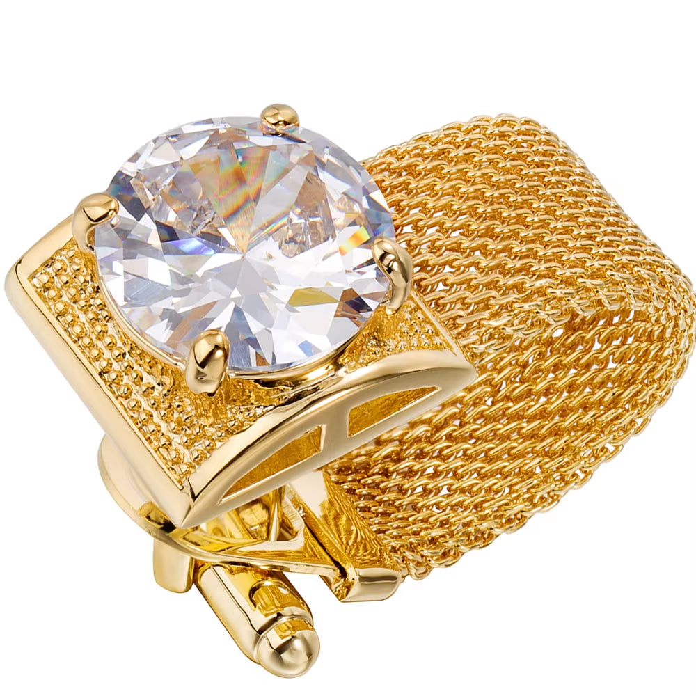 Gold Tone Crystal Cufflinks for Men with Chain Shiny Luxury Cuff Wedding Party Dress Shirt Accessories Gift