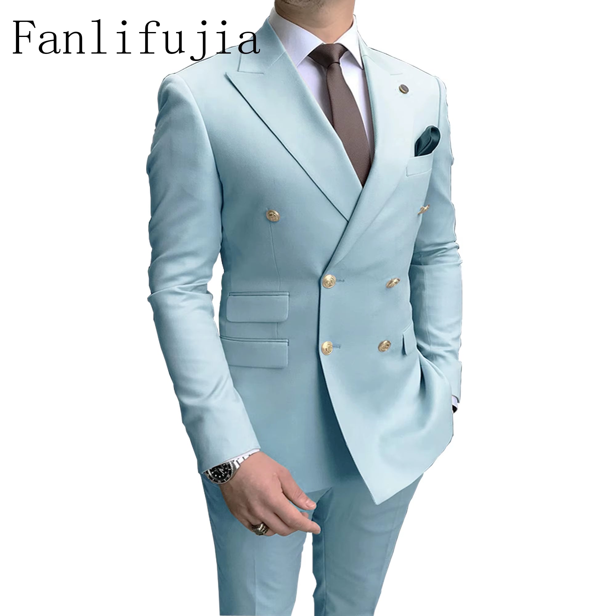 Store Navy Men Party Tuxedos 2 Pieces Latest Peak Lapel Men Suits Gold Buttons Fashion Style Suits Double Breasted