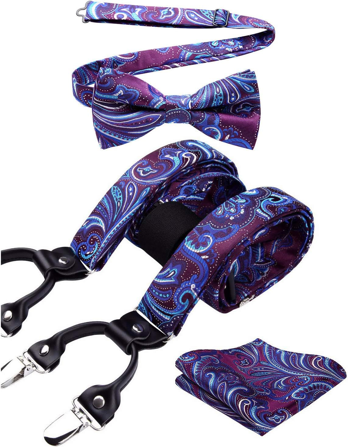 Suspenders for Men Paisley Floral Bow Tie Suspender Pocket Square Sets Adjustable Y Shape 6 Clips Wedding Braces