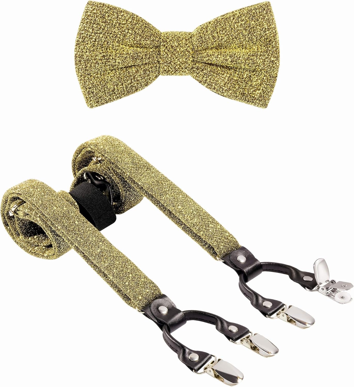 TIE G Men'S Glitter Velvet Suspender + Bow Tie Set for Wedding, Party : Glittering Effects, Adjustable Braces, Strong 6 Clips