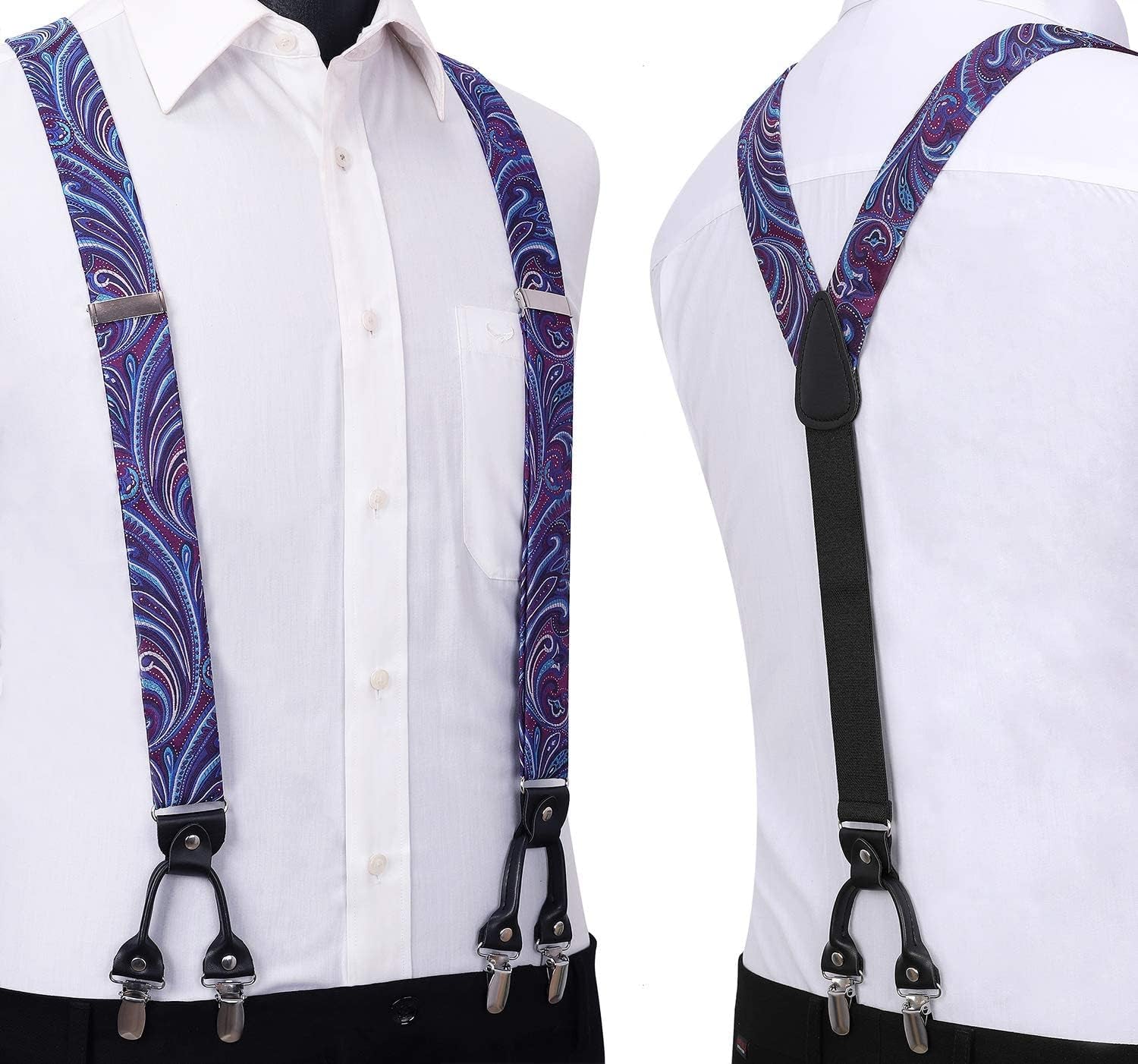 Suspenders for Men Paisley Floral Bow Tie Suspender Pocket Square Sets Adjustable Y Shape 6 Clips Wedding Braces