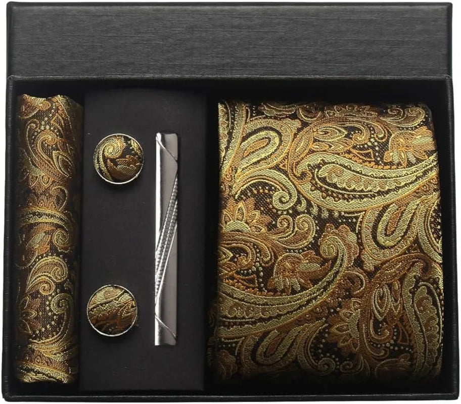 100% Silk Necktie Paisley Floral Mens Tie Top Quality Business Tie Pocket Square Tie Clip Cufflinks Set Classic for Men Gift Box