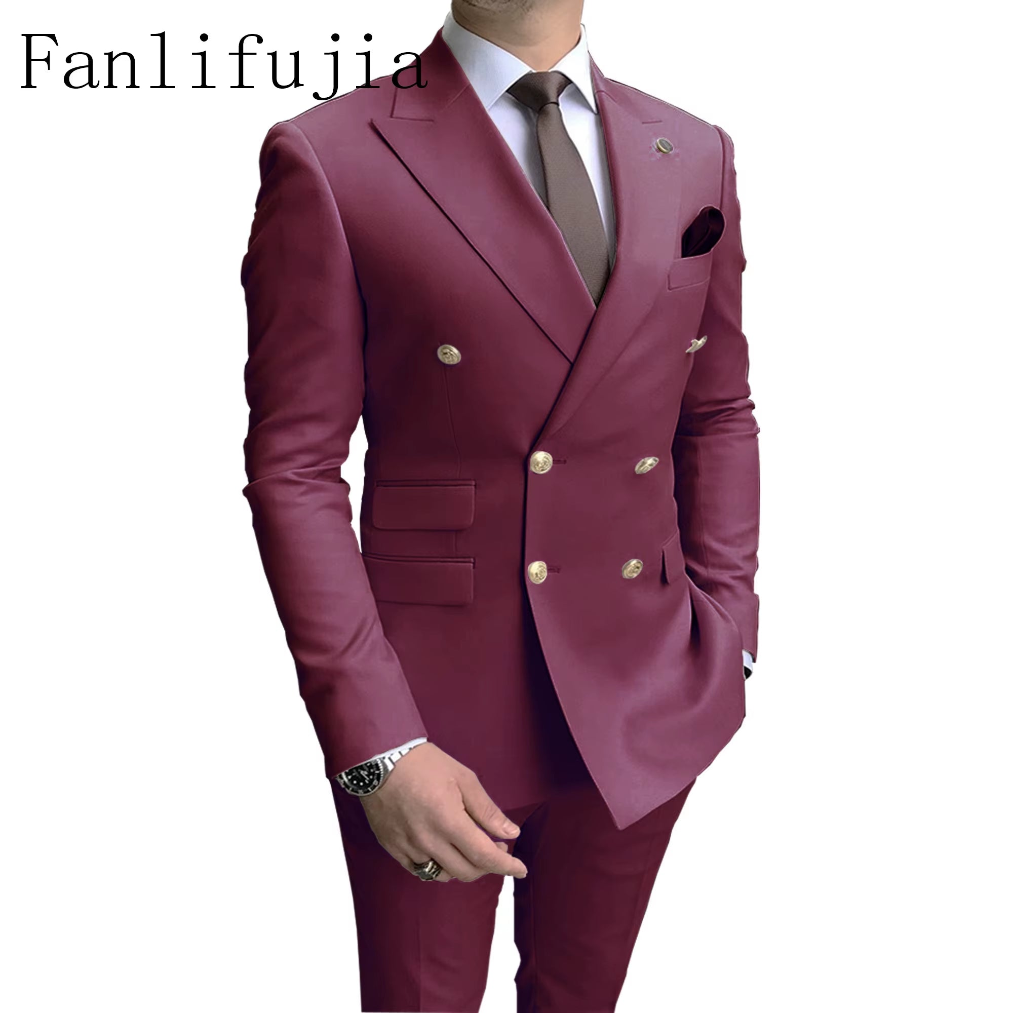 Store Navy Men Party Tuxedos 2 Pieces Latest Peak Lapel Men Suits Gold Buttons Fashion Style Suits Double Breasted