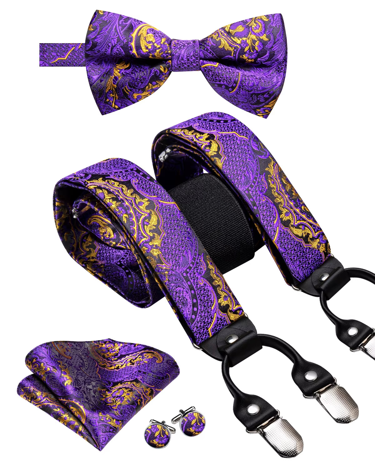 Hi-Tie Vintage Silk Men'S Suspender Set Fashion Gold Floral Suspender and Bow Tie Set Leather Metal 6 Clips Suspender Braces