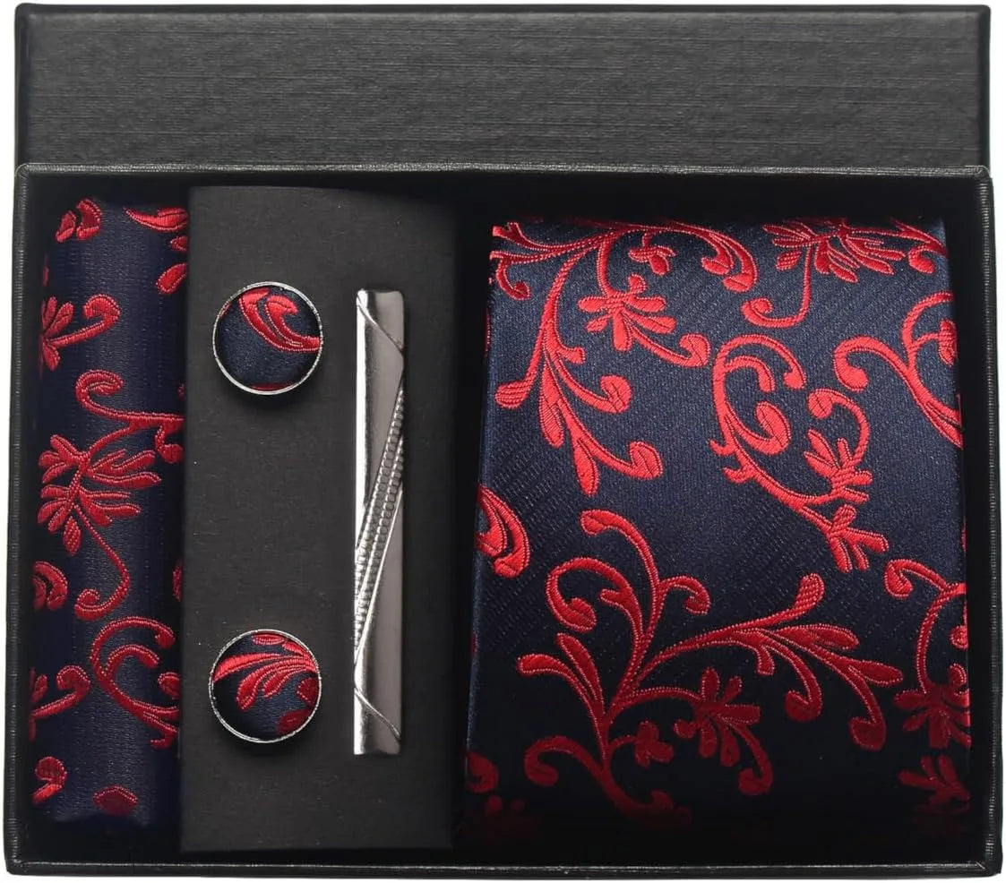 100% Silk Necktie Paisley Floral Mens Tie Top Quality Business Tie Pocket Square Tie Clip Cufflinks Set Classic for Men Gift Box