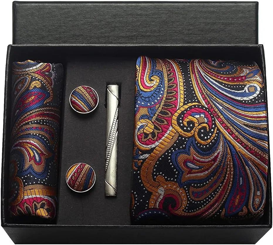 100% Silk Necktie Paisley Floral Mens Tie Top Quality Business Tie Pocket Square Tie Clip Cufflinks Set Classic for Men Gift Box
