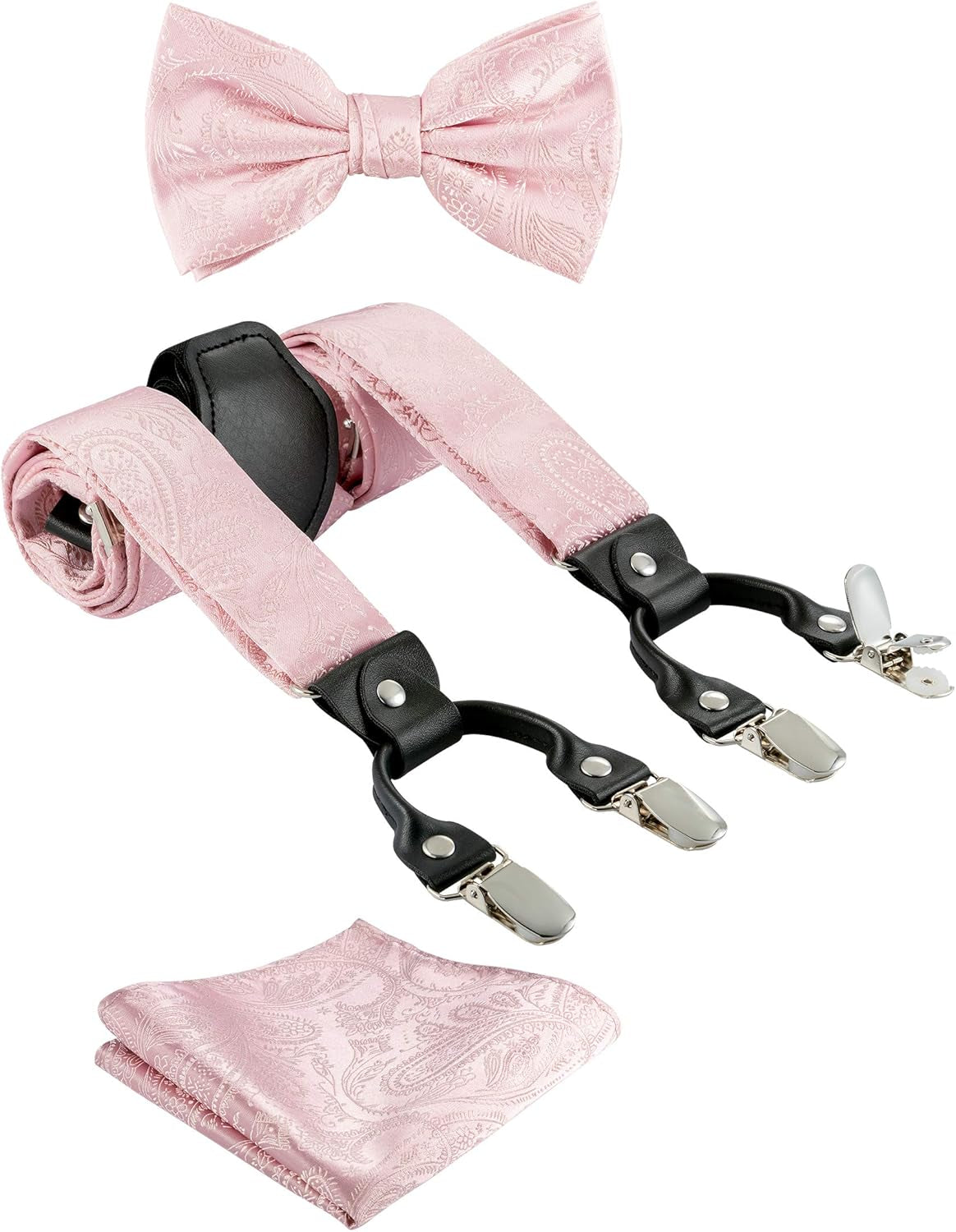 TIE G Paisley Suspender, Bow Tie, Pocket Square Set for Men'S Tuxedo Suspenders : Adjustable Braces, Strong Enhanced 6 Clips
