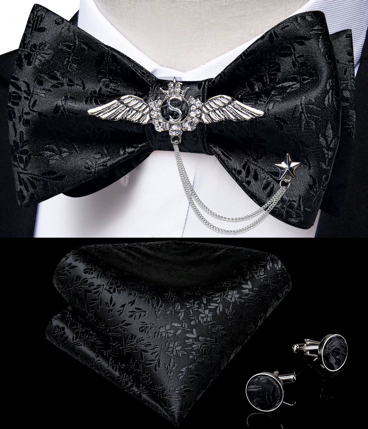 New Arrival Bow Ties for Men Silk Bowties Cufflinks Handkerchief Set for Party Wedding Suit Accessories Man Tie Golden Brooch